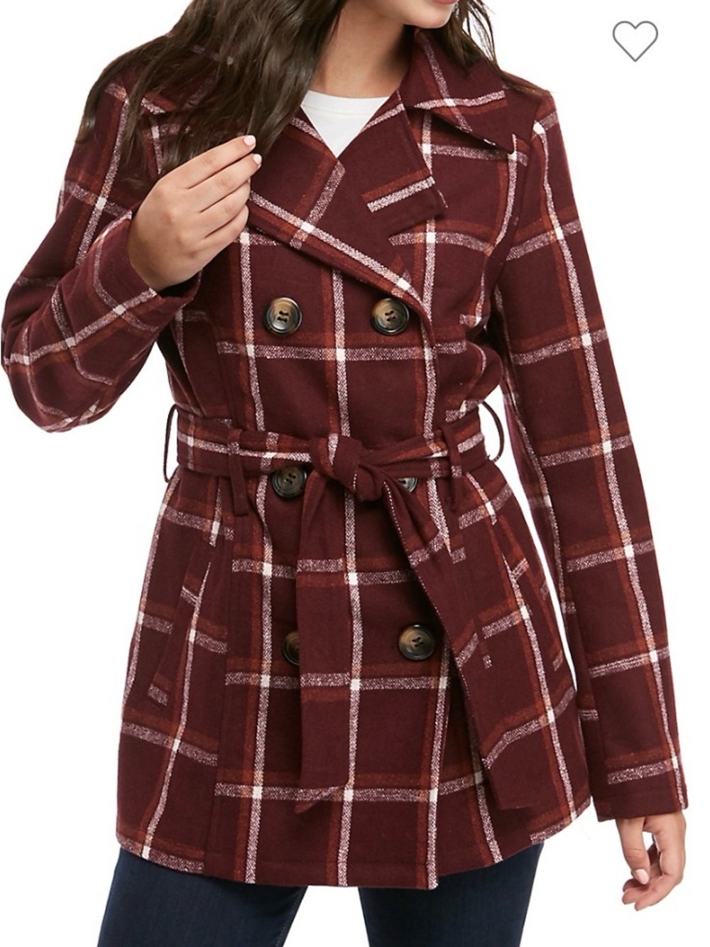 Burgundy Plaid Belted Peacoat